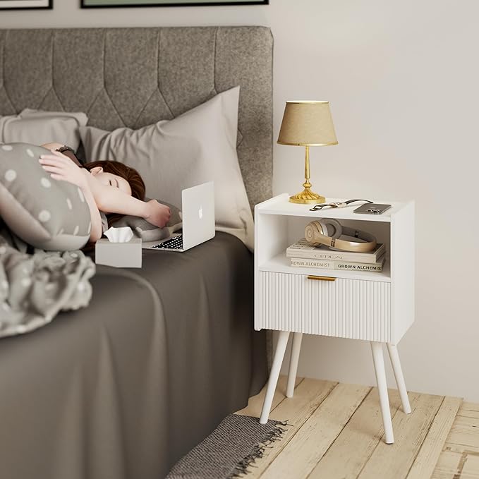 White Nightstand,Modern Bedside Table with Storage Drawer and Open Wood Shelf, for Living Room, Bedroom and Small Spaces, Accent Night Stand with Solid Wood Legs, Easy Assembly,Classic White