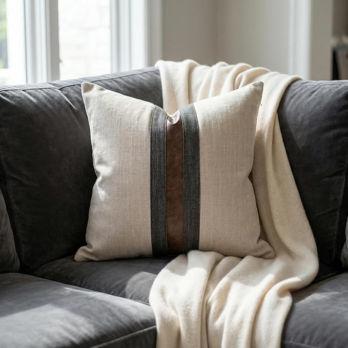BOYSUM Set of 2 Leather Throw Pillow Covers Cotton Linen Decor Patchwork Pillow Cover Faux Leather Pillows Cover for Couch Sofa Living Room Bedroom,Beige 16"x16"
