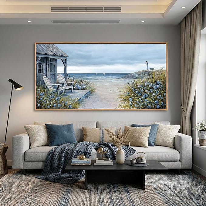 Coastal Wall Art for Living Room - Framed Vintage Wall Decor & Seascape Bedroom Beach Wall Decor | Ocean with Beach Pictures | Canvas Artwork for Home Decor Farmhouse 29×58IN