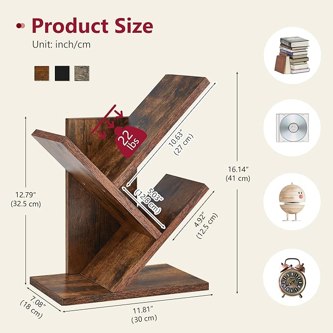 Tajsoon Tree Bookshelf 3 Tier Book Shelves Storage Organizer, Desktop Bookshelf Floor Standing Bookcase Display for Magazine/Books, Small Tree Bookshelf for Bedroom, Living Room Office, Rustic Brown