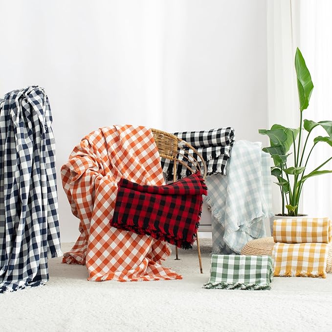 100% Cotton Throw Blanket Plaid Soft Lightweight Cozy Farmhouse Tassels Summer Thin Breathable Throws for Couch Sofa Bed (50" × 60" Orange)