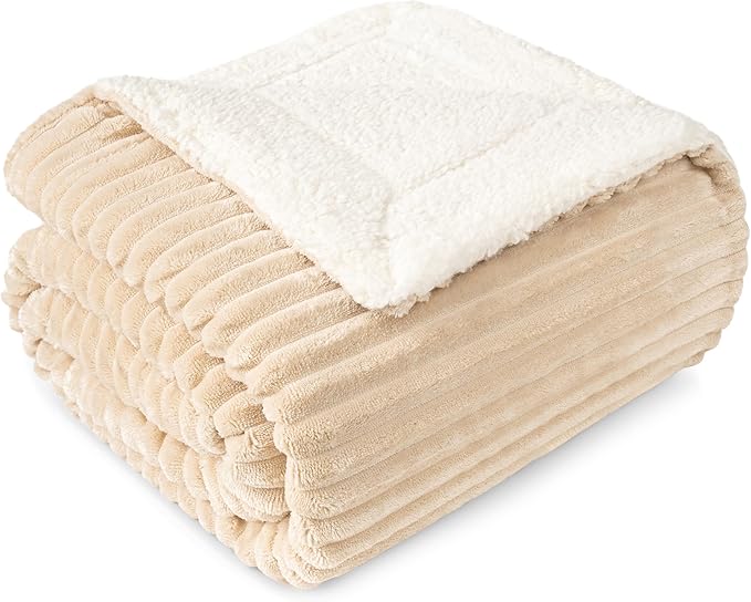 PAVILIA Beige Sherpa Fleece Throw Blanket for Couch Twin, Soft Plush Fuzzy Blankets, Fluffy Flannel Sherpa Blanket for Bed, Warm 3D Ribbed Winter Blanket Gift, 60x80 inches