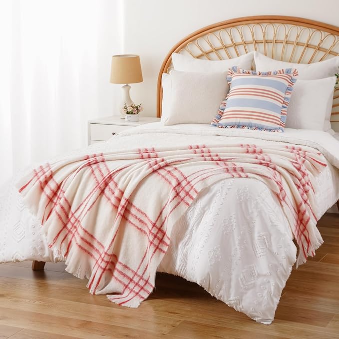 BATTILO Cream Plaid Throw Blanket for Couch Bed, Farmhouse Mohair Blankets Throws, Soft Cashmere Tartan Plaid Throws, Red Christmas Stripe Throw Blankets for Home Decor(50"x60")