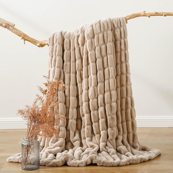 BATTILO HOME Beige Faux Fur Throw Blanket for Bed, Large Double Side Reversible Ruched Rabbit Fur Blanket for Couch, Living Room, Soft Warm Mink Cozy Blanket, 60x80 Inch