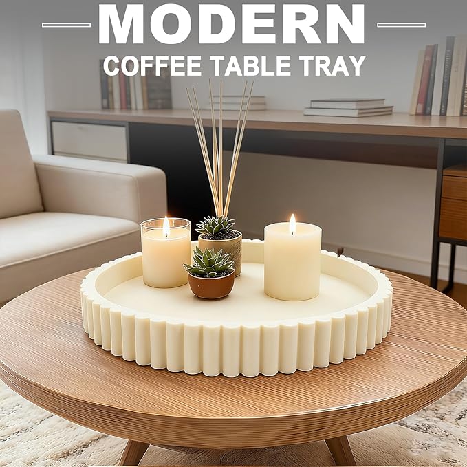 Round Decorative Tray for Coffee Table Decor - Resin Modern Table Centerpieces Decorative Trays for Kitchen, Dining, Living Room, Home Decor Housewarming Gift - Gray
