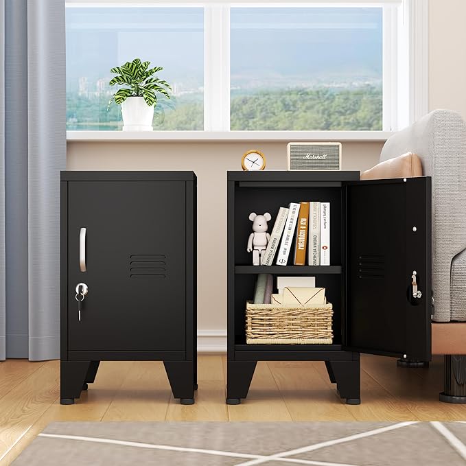 24.4" H Black Metal NightStand Locker Storage Cabinet with 1 Doors, File Cabinet with Shelves, Storage Cabinet with Adjustable Leveling Foot for Home Office Living Room or Bed Room