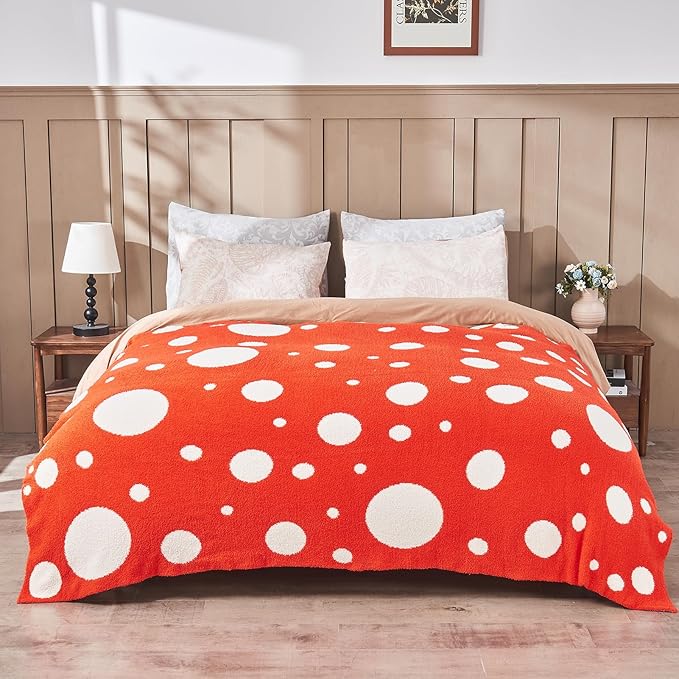 CozeCube Super Soft Fullfy Microfiber Reversible Knitted Blankets, Warm Cozy Fuzzy Plush Throw, Orange red and White Polka Dot Throw Blanket for Couch Bed Sofa, 50" x 60"