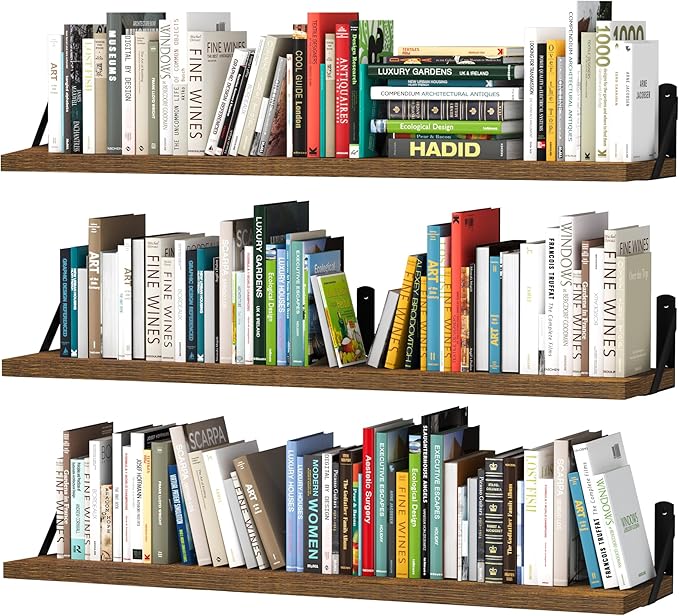 upsimples 35.4 Inches Floating Book Shelves for Wall, Long Floating Wood Shelves for Living Room, Library, Bedroom, Office Organizer and Storage, Brown