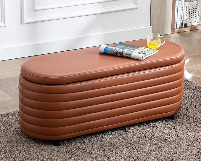 Storage Ottoman Bench Upholstered PU Leather End of Bed Stool with Safety Hinge for Bedroom, Living Room, Entryway (45.5-inch, Brown)