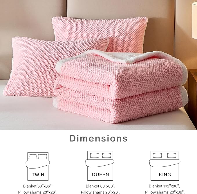 Luxury Flannel Fleece Sherpa Blankets King Size for Bed, Jacquard Boho 3-Layer Thick and Warm Blanket for Winter, Soft Cozy Fuzzy Plush Velvet Blanket with 2 Pillow Cases, Pink, 102x88 Inches