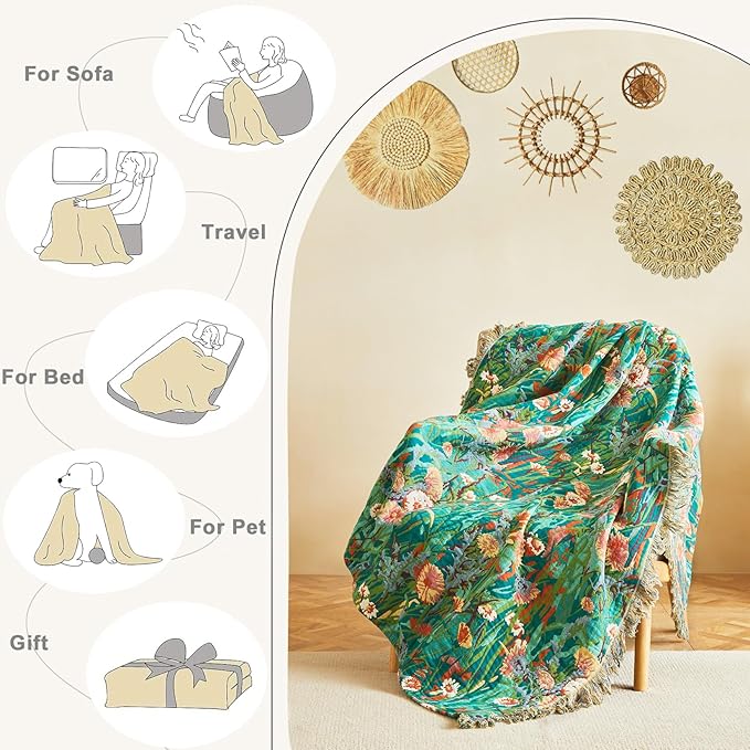Boho Throw Blanket for Bed Cotton Spring Blankets Twin Size for Bedroom Living Room All Season Lightweight Floral Embroidery Reversible Quilt for Couch Sofa Chair 60"x80" Home Decor