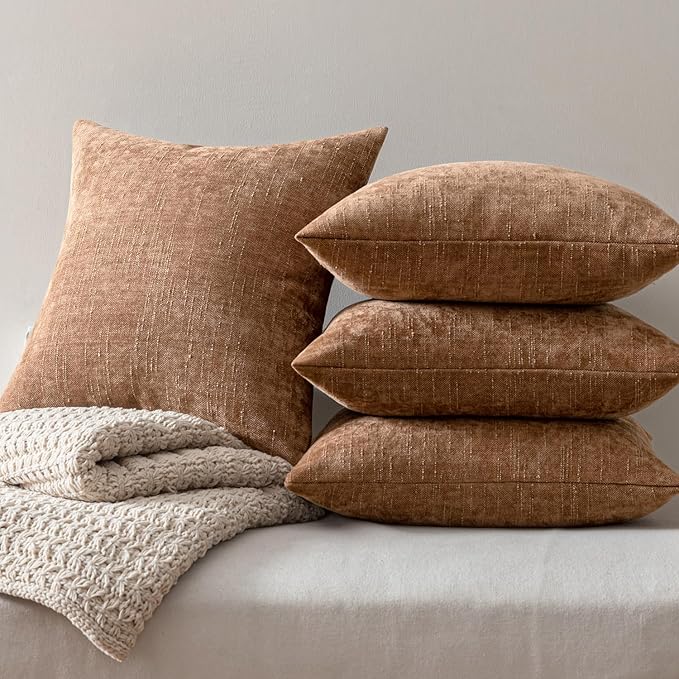 MIULEE Pack of 4 Decorative Throw Pillow Covers 18x18 Inch Camel Chenille Textured Throw Pillows Boho Farmhouse Accent Cushion Covers for Modern Home Decor Couch Sofa Bed Living Room