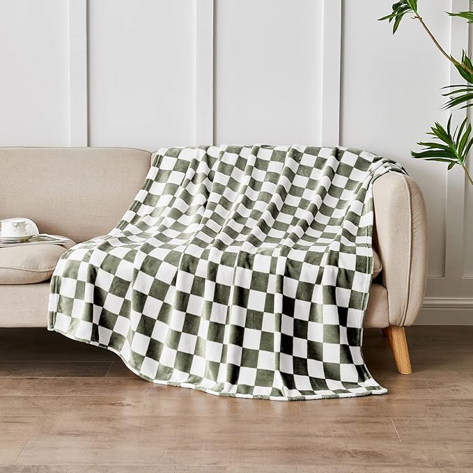 Checkered Blanket Flannel Throw Blankets Soft Cozy Checkered Grid Print Chessboard Gingham Pattern Throws for Bed Sofa Couch for All Seasons, 50x60 Inch, Dark Olive