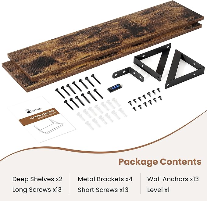 Axeman 32 Inch Floating Shelves | 8 Inch Deep Brown Wood Wall Shelves Set of 2 | 31.5" W x 8" D Rustic Brown Floating Shelves for Bathroom Kitchen Living Room