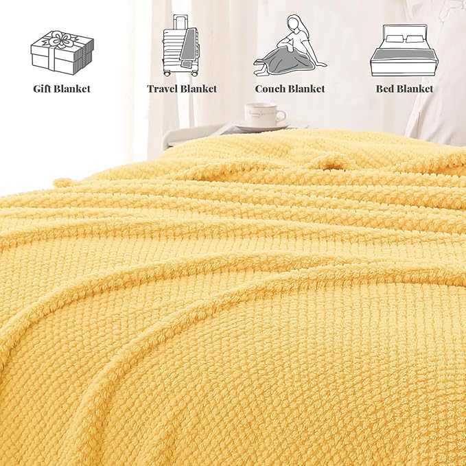 Whale Flotilla Queen Size Fuzzy Fleece Blanket for Bed, 90x90 Inch Fluffy Warm Soft Jacquard Blankets for All Season, Lightweight and Cozy, Yellow