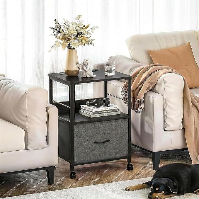 360° Swivel Nightstand with Height Adjustable, Lift Top Bedside Table with Charging Station, Rolling Night Stand with Fabric Drawer, End Table with Wheels, for Bedroom, Living Room, Black Gray