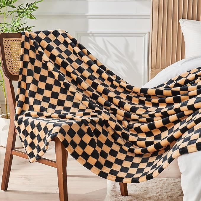 FY FIBER HOUSE Oversized King Blanket 120"x120" Seamless Extra Large 10'x10' Huge Checkered Flannel Fleece Bed Blanket Soft Cozy for Couch Office Sofa, Black Brown