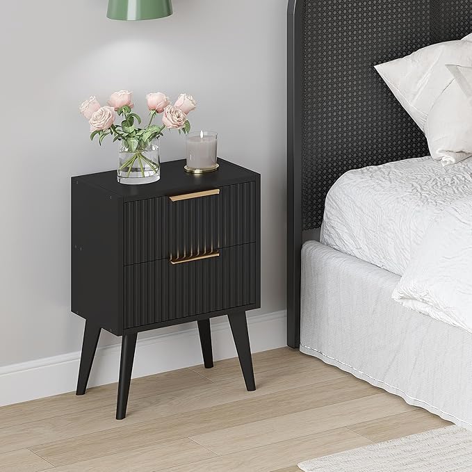 Small Black Night Stand,Mid Century Modern Bedside Table, Nightstand with 2 Drawers,Fluted Side Table with Wood Legs, End Table for Bedroom,Small Space,Black 11.8" D x 16" W x 22.4" H CTG55BK