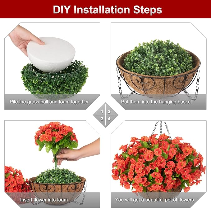 Artificial Hanging Flower Plants with Basket for Summer Autumn Outdoor Decoration, Faux Petunias Flowers Fake Morning Glories Planter for Outside Patio Garden Porch Balcony Yard Decor(Orange)