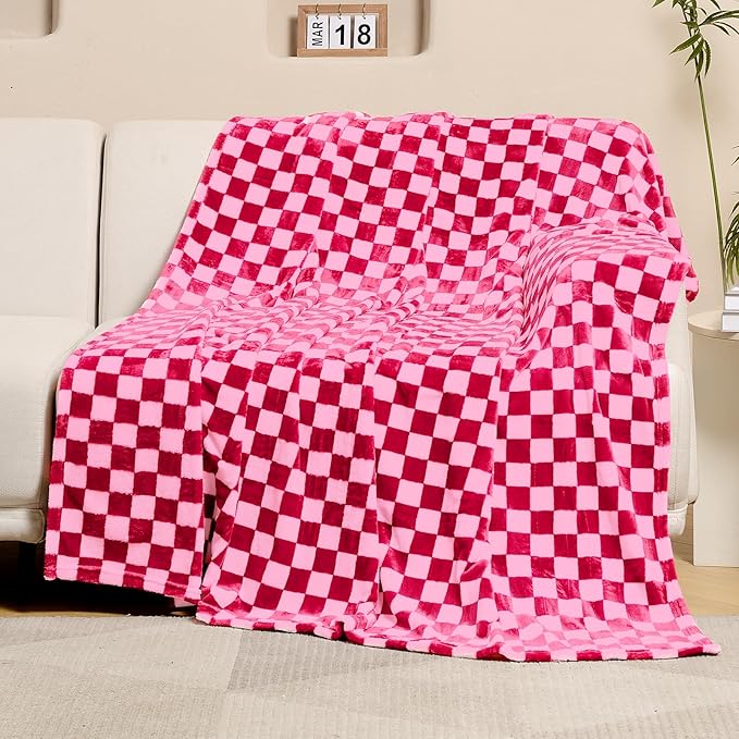 FY FIBER HOUSE Checkered Flannel Fleece Throw Blanket Soft Cozy Checkerboard Grid Print Chessboard Gingham Pattern Blankets for Bed Couch Sofa, 40"x50", Hot Pink