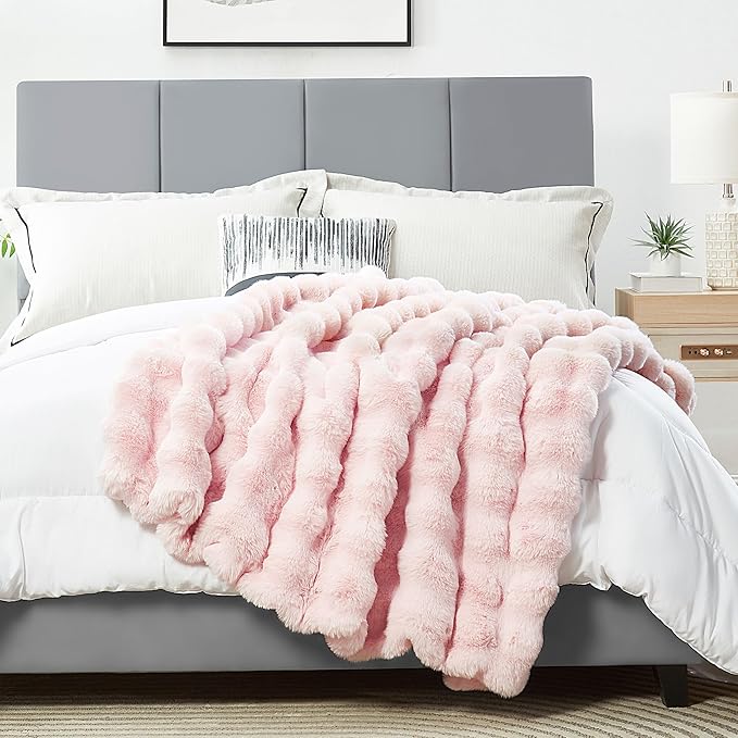 DREAMNINE Large Soft Thick Fuzzy Bubble Faux Rabbit Fur Bed Blanket Full Size 70" x 80",Lovely Big Warm Shaggy Fluffy Blankets for Winter,Solid Luxury Cozy Cute Bumpy Furry Blanket for Bed Adult,Pink