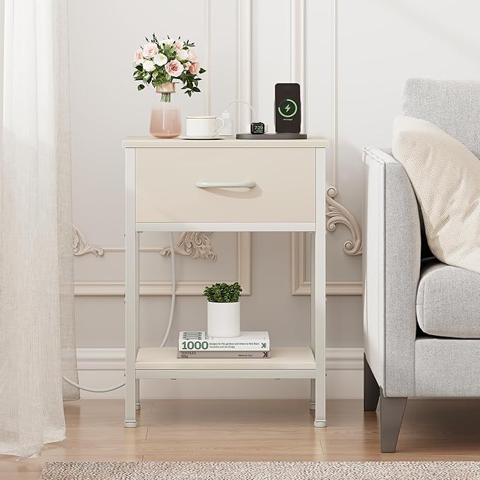 Vagusicc Nightstand with Charging Station, End Table with Fabric Drawer, Small Side Table with 2-Tier Storage Shelves, 25.4" Tall Night Stand, Bedside Table for Bedroom, Living Room, Dorm, Beige