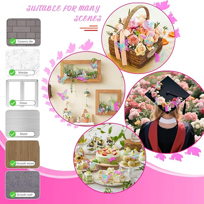 3D Butterfly Wall Decor 3 Sizes 4 Styles Butterfly Party Decorations Cake Decorations Removable Stickers Wall Decor Room Mural Metallic (Laser Pink Purple, 48Pcs)