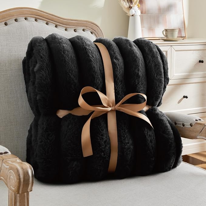BEDELITE Faux Fur Throw Blanket for Couch, Soft and Cozy Luxurious 3D Striped Black Fluffy Blanket, 770GSM Thick Warm Plush Fuzzy Faux Rabbit Fur Blanket for Women Gift (Black, 50"x 60")