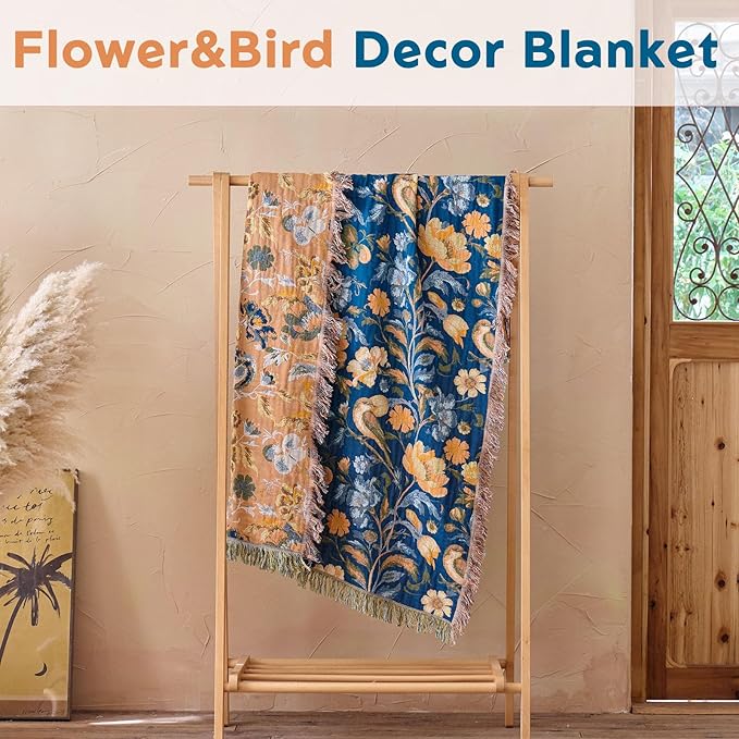 Boho Throw Blanket 50"x60" 100% Cotton Floral Couch Blanket with Flower Bird,ReversibleSoft Breathable Lightweight Spring Decorative Blankets with Fringe for Sofa Chair Bed Decor All Season