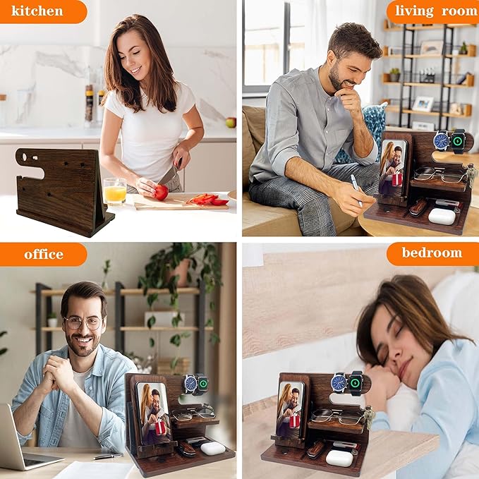 Gifts for Men Boyfriend Him Brother Nightstand Organizer Gifts for Dad from Daughter Son Wood Phone Docking Station Anniversary Birthday Gifts (Walnut)