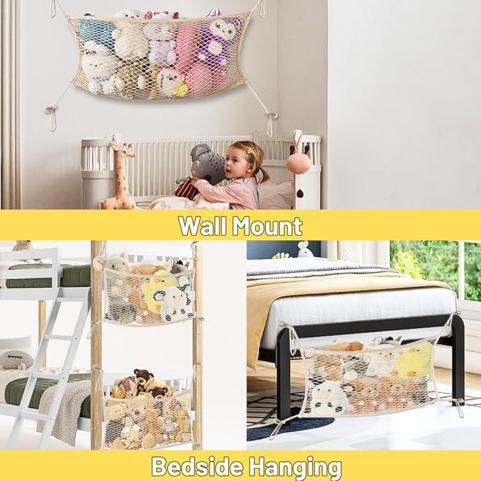 Stuffed Animal Storage Net for Kids, Bedside Toy Organizer Net - Neatly Store Your Stuffed Animals, Cotton Bedside Stuffed Animal Storage Net with Tether, Stretches up to 35 Inches, Beige