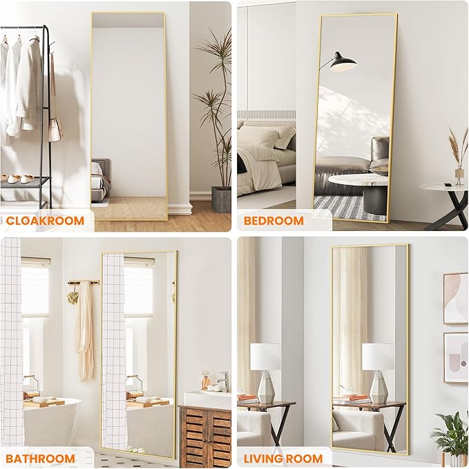 Full Length Standing Mirror, 70"x24" Gold Full Body Mirror with Aluminum Alloy Frame, Free Standing or Wall Mount for Bedroom, Living Room, Dressing Room