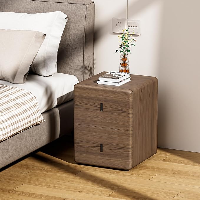 VICITON Narrow Nightstand with Drawers, Faux Leather Bedside Table, Solid Wood Drawer, Small Side Table for Bedroom (Leather Grey Poplar, 15.7" x 15.7" x 19.7")
