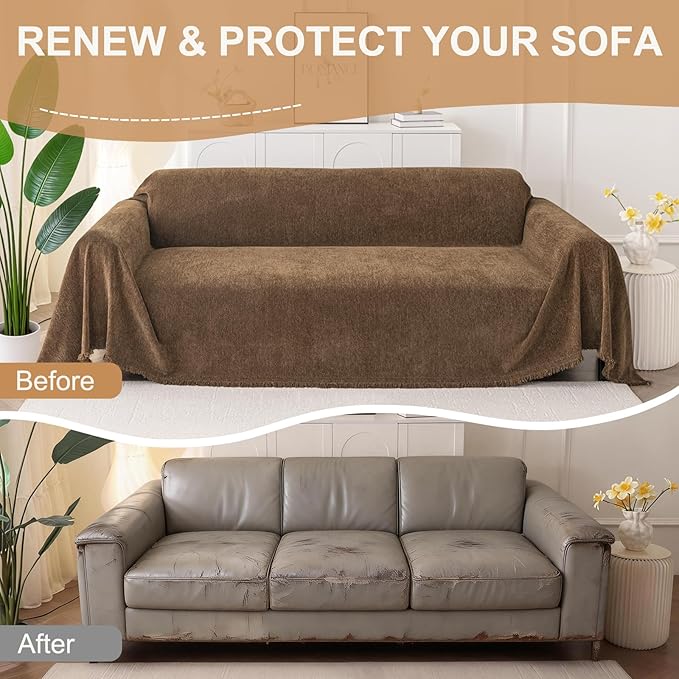 Smiry Couch Cover for Dogs, Washable Chenille Sofa Covers for 3 Cushion Couch, Soft Sofa Slipcover for Pets, Thick Sectional Furniture Protector with Tassels (Chocolate, 88.5x134 Inch)