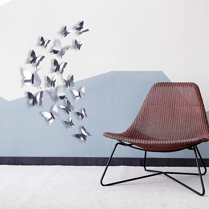 BBTO 48 Pieces Butterfly Wall Decor DIY 3D Mirror Butterfly Stickers Removable Decals Crafts for Birthday Party Bedroom School Bathroom Living Room Decor（Sliver）