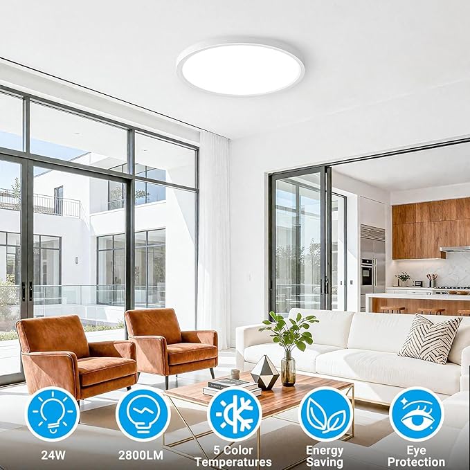 8 Pack LED Flush Mount Ceiling Light,12Inch 24W,3000K/3500K/4000K/5000K/6500K 5 Color Temperatures Ceiling Light Fixture for Kitchen Porch Hallway Bedroom Bathroom and Closet,White