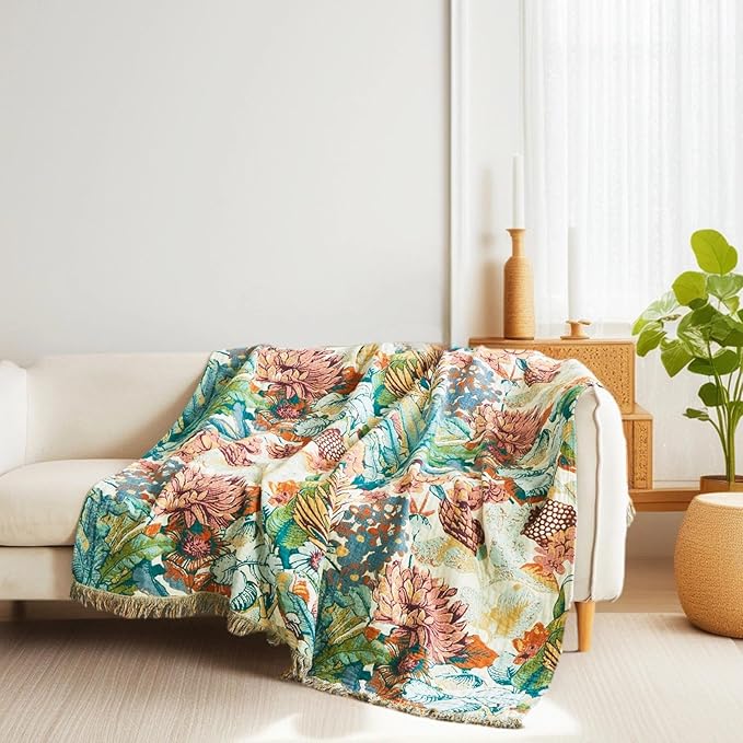 Boho Throw Blanket for Bed Cotton Spring Blankets Twin Size for Bedroom Living Room All Season Lightweight Botanical Floral Embroidery Quilt for Couch Sofa Chair 60"x80" Home Decor