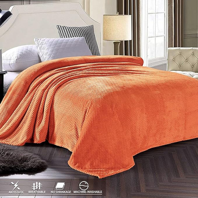 Exclusivo Mezcla Fleece Bed Blanket Twin Size, Super Soft and Warm Blankets for Couch, Sofa and Bed Waffle Textured, Cozy, Fuzzy and Lightweight (Burnt Orange, 60x80 Inches)