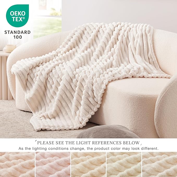 EXQ Home King Size Blanket for Bed or Couch - 3D Stripe Jacquard Decorative Fleece Blankets - Cozy Soft Lightweight Fuzzy Flannel Blanket Suitable for All Seasons(90"×108",Beige)