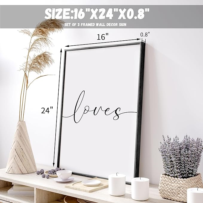 Set of 3 Framed Farmhouse All of Me Loves All of You Sign 11x14” Above Bed Wall Decor for Bedroom Decor Wall Art Wood Signs (Black, 16"x24")