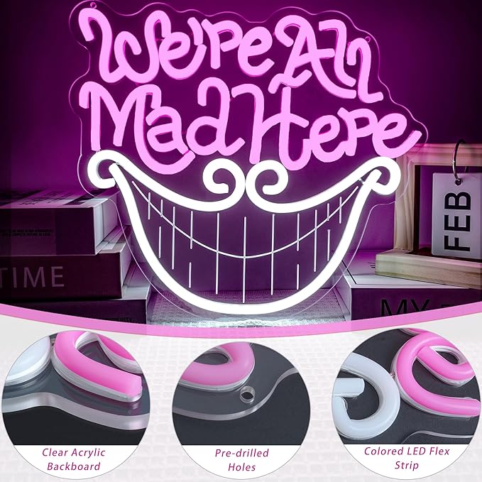 Mad Hatter's Tea Party Neon Sign We're All Mad Here Inspirational Light for Wall Art Decor Cheshire Cat's Grin Neon Sign Unique Wall Decor for Book Lovers and Movie Fans Birthday Party Gifts 12.8*11.3