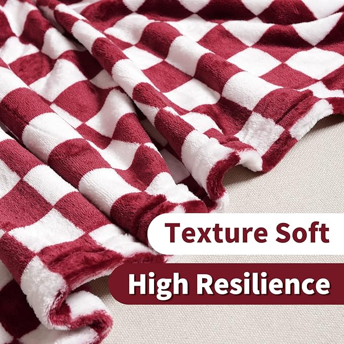 FY FIBER HOUSE Checkered Flannel Fleece Throw Blanket King Size Soft Cozy Checkerboard Grid Print Chessboard Pattern Blankets for Bed Couch Sofa, 90"x108", Burgundy
