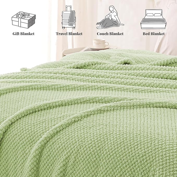 Whale Flotilla Queen Size Fuzzy Fleece Blanket for Bed, 90x90 Inch Fluffy Warm Soft Jacquard Blankets for All Season, Lightweight and Cozy, Sage Green