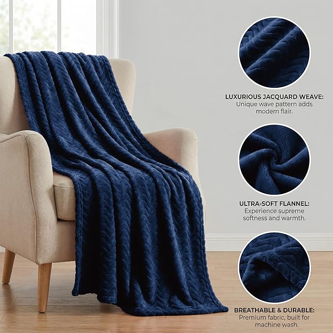 Exclusivo Mezcla Fleece Throw Blanket for Couch, Cozy Lightweight Blankets for All Season, Decorative Giftable Fuzzy Plush Wave Textured Throws for Women, Men, Navy Blue, 50x70 Inches
