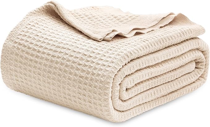 Bedsure Gentlesoft 100% Cotton Blanket King Size for Bed - Breathable and Soft for Spring Summer, Thick Cozy Waffle Weave Blanket Gifts for Women, Yellowish Cream, 104x90 inches