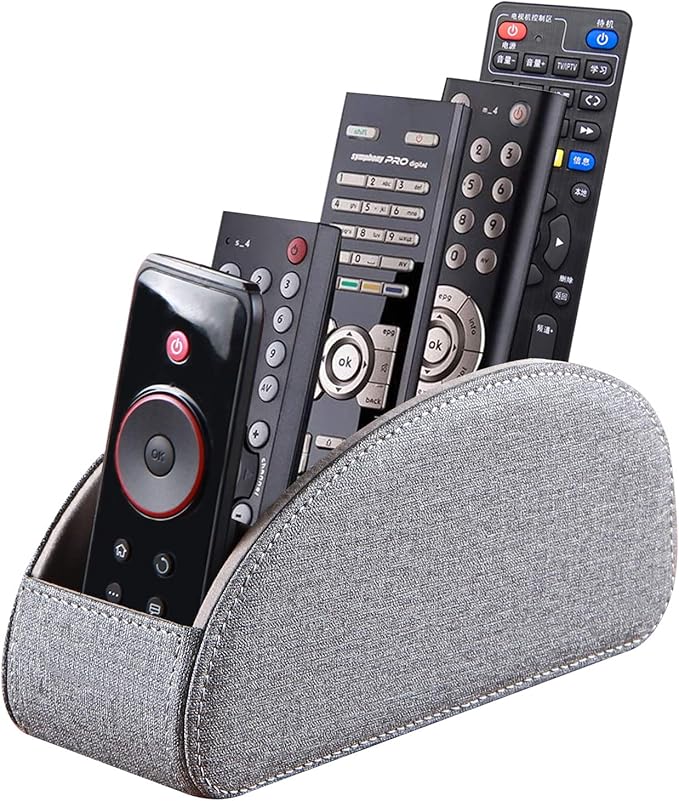 Ayunga PU Leather Remote Control Holder,Desktop Supply Organizer,5 Delicate Compartments with High and Low Orderly Distribution,for Storing TV,DVD,Blu-ray,Media Player,Heater Controllers(Grey cloth)