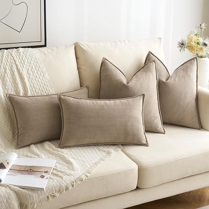 MIULEE Pack of 2 Khaki Decorative Lumbar Pillow Covers 12x20 Inch Soft Chenille Luxurious Couch Throw Pillows Farmhouse Cushion Covers with Elegant Design for Sofa Bedroom Living Room Home Decor