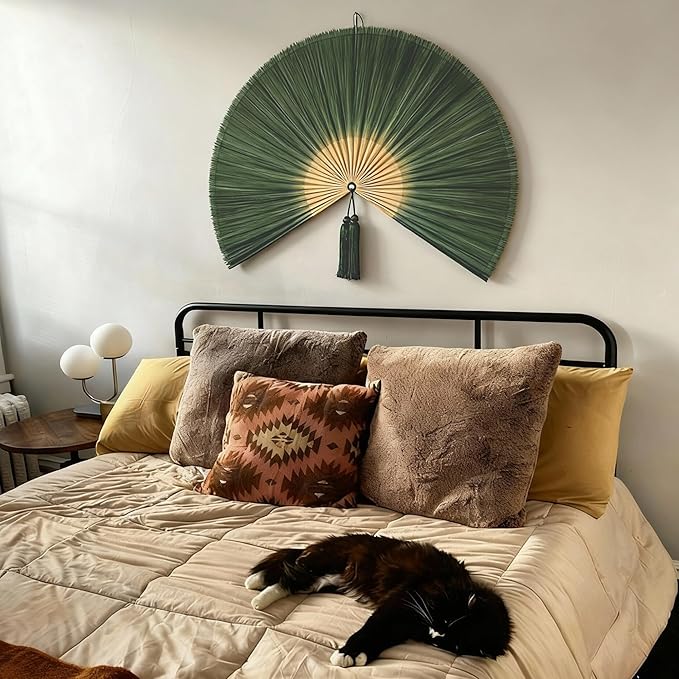 ChumDecor Fan Wall Decor,Large Bamboo Fan Wall Art for Boho Hanging Headboard,Decorative Folding Fans for Over Bed Decorations (Dark Moss Green 48inch)