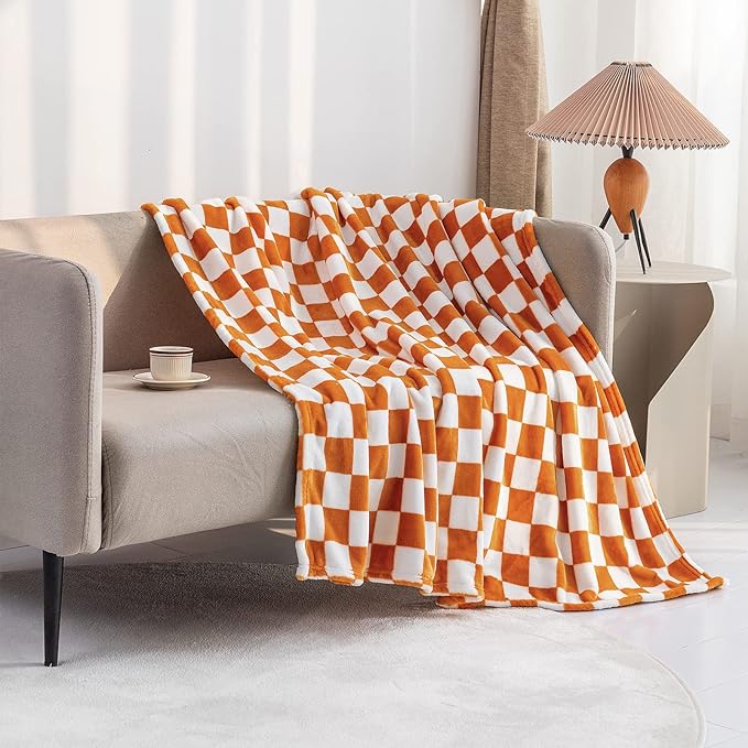 LOMAO Throw Blankets Flannel Blanket with Checkerboard Grid Pattern Soft Throw Blanket for Couch, Bed, Sofa Luxurious Warm and Cozy for All Seasons (Orange, 40"x60")
