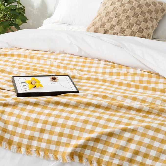 100% Cotton Throw Blanket Plaid Soft Lightweight Cozy Farmhouse Tassels Summer Thin Breathable Throws for Couch Sofa Bed (50" × 60" Yellow)